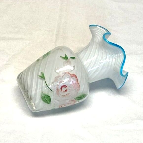 Fenton for Teleflora Cased Swirl Aqua Crest Hand Painted Ruffled Small Vase - Picture 9 of 12